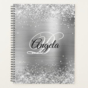 Agenda Monograma de Metal Cepillado con Brillo Plateado F
