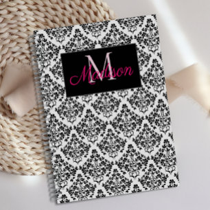 Agenda Monograma de moda de Black White Damask Cute Girly
