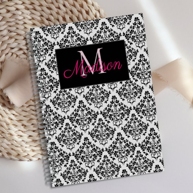 Agenda Monograma de moda de Black White Damask Cute Girly (Subido por el creador)