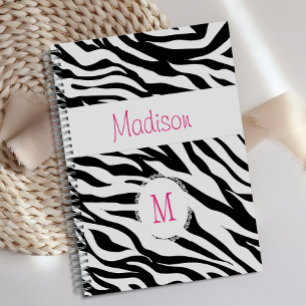 Agenda Monograma de moda de cebra de animal rosa negro y 