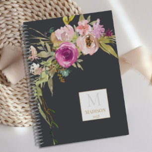 Agenda Monograma de moda de la floral púrpura rosa y turb