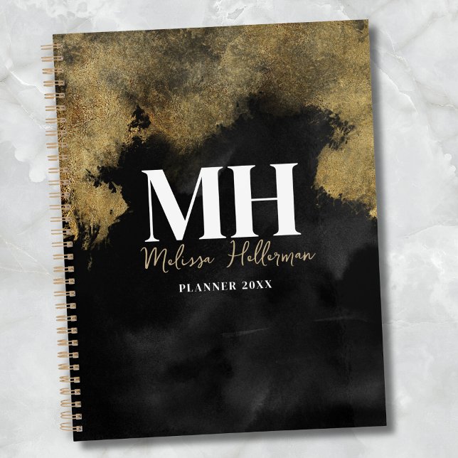 Agenda Monograma de nombre con letra script de oro negro  (Modern Black Gold Girly Script Name Monogram Planner)