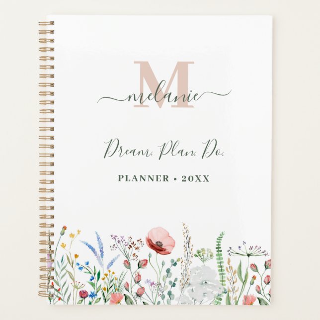 Agenda Monograma de nombre personalizado Boho Wildflowers (Anverso)