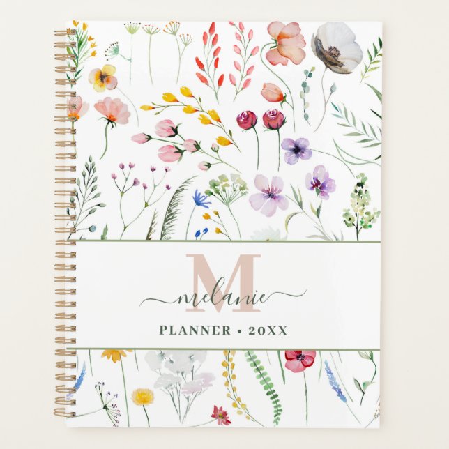 Agenda Monograma de nombre personalizado Boho Wildflowers (Anverso)