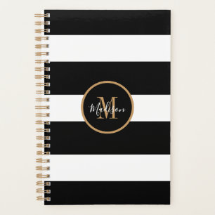 Agenda Monograma De Oro Moderno De Bandas Blancas Y Negra