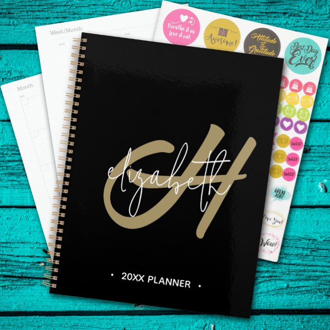 Agenda Monograma de oro negro mensual inicial semanal (Monogrammed Planner, inside pages and stickers)