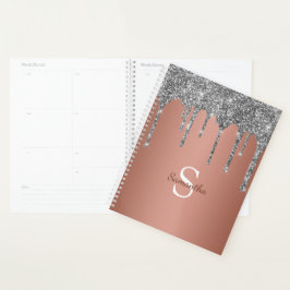 Agenda Monograma de oro rosa con brillo de purpurina plat