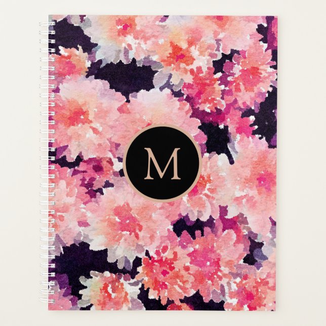 Agenda Monograma de patrón floral de acuarela rosa elegan (Anverso)