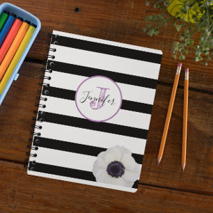 Agenda Monograma de rayas negras y flores de viento perso