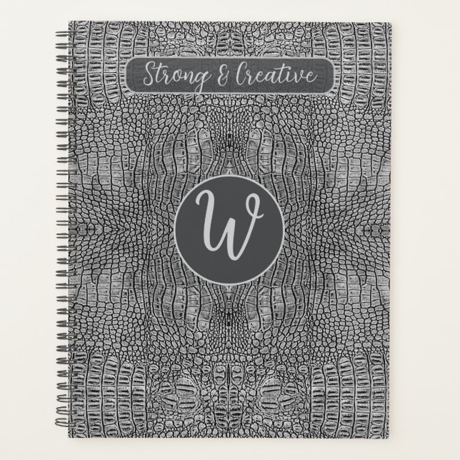 Agenda Monograma de reptiles de cuero de ligador gris (Anverso)