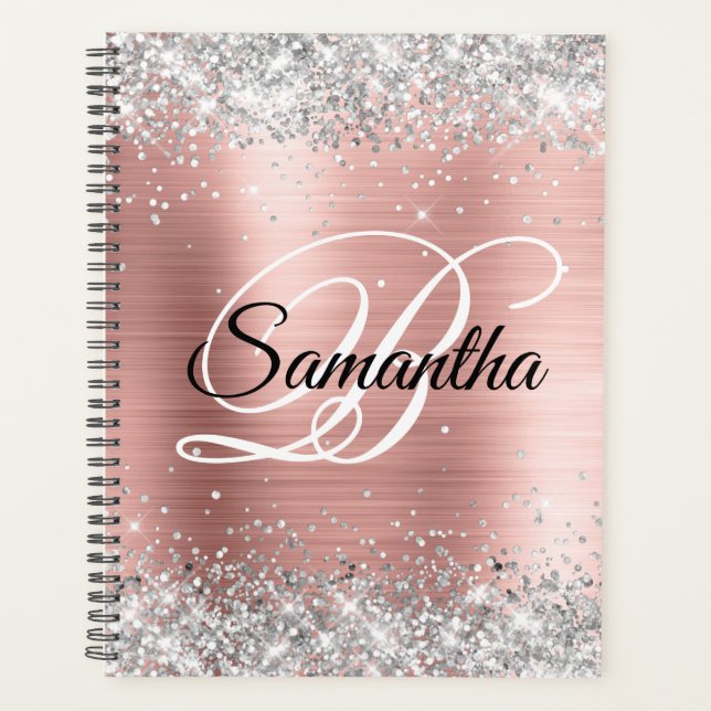 Agenda Monograma de Rosa Rubor Purpurina de Relieve metal (Anverso)