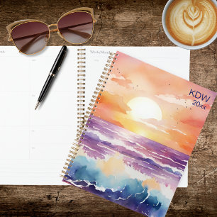 Agenda Monograma de surf de puesta de sol en acuarela