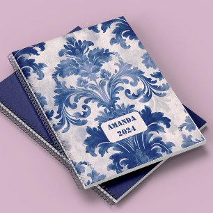 Agenda Monograma de tela azul de jouy con estilo vintage