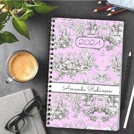 Agenda Monograma de tela de jouy rosa de lago floral de v