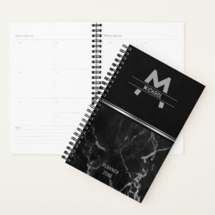 Agenda Monograma De Textura De Mármol Negro Y Plata