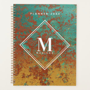 Agenda Monograma de textura metálica turquesa de cobre