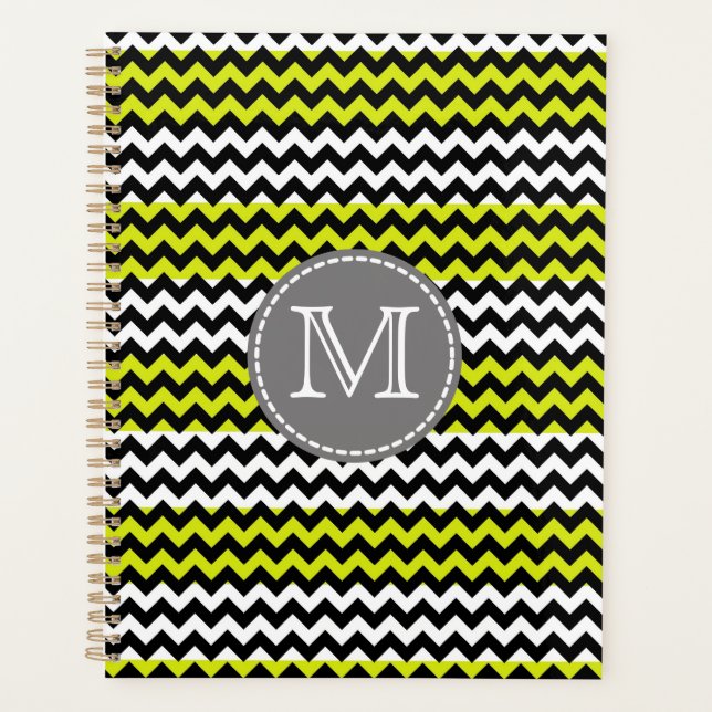 Agenda Monograma de zigzag verde negro (Anverso)
