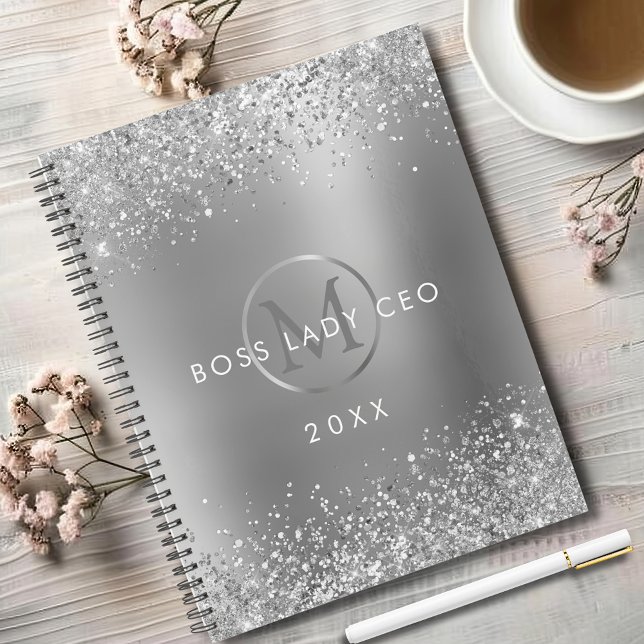 Agenda Monograma del director general de Silver Purpurina (Sparkly Silver Glitter Boss Lady CEO Metallic Silver Monogram Annual Planner)