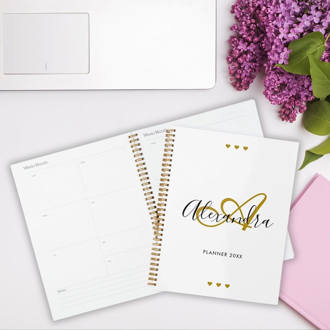 Agenda Monograma del nombre inicial del guión negro de or (Elegant Gold Black Script Initial Name Monogram Planner)