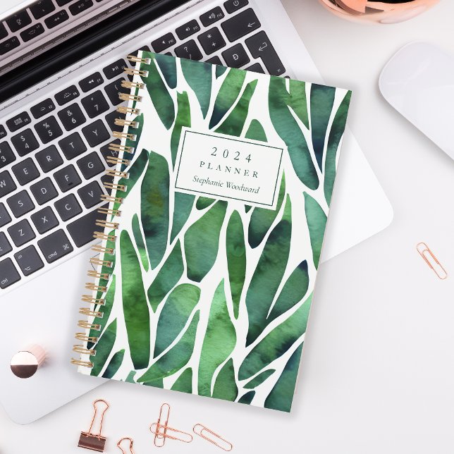 Agenda Monograma del patrón de follaje de acuarela verde  (Subido por el creador)