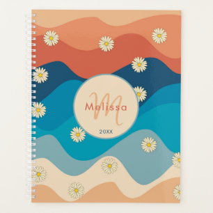 Agenda Monograma del patrón de Olas y Daisies Retro color