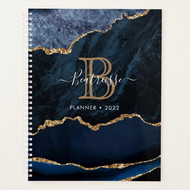 Agenda Monograma del Purpurina Agate Geode Navy Blue Gold (Anverso)