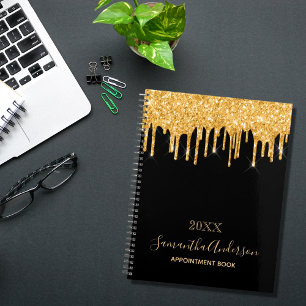 Agenda Monograma del purpurina de oro negro gotea