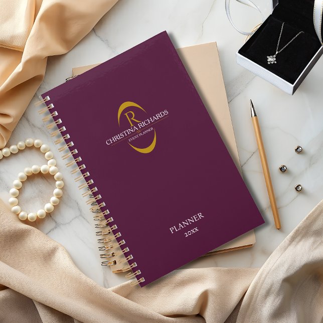 Agenda Monograma Dorado Borgoña Moderno Negocios Elegante (Subido por el creador)