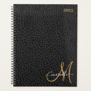 Agenda Monograma dorado Faux Black Leather Semanal Mensua
