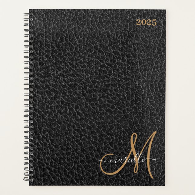 Agenda Monograma dorado Faux Black Leather Semanal Mensua (Anverso)