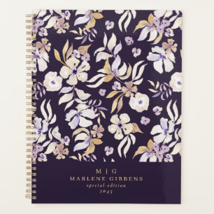 Agenda Monograma dorado floral morado oscuro