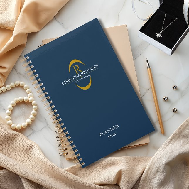 Agenda Monograma dorado Navy Blue Modern Elegant Business (Subido por el creador)