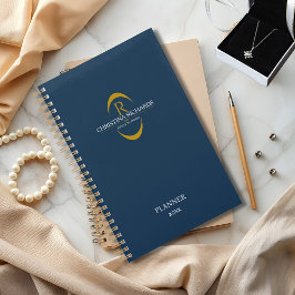 Agenda Monograma dorado Navy Blue Modern Elegant Business