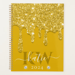 Agenda Monograma Elegante Amarillo con Glitter que Gotea