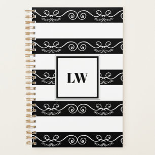 Agenda Monograma elegante blanco a rayas negro