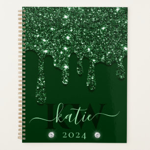 Agenda Monograma elegante de color verde oscuro con brill