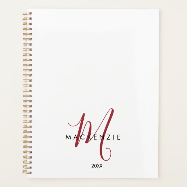 Agenda Monograma elegante de escritura roja blanca modern (Anverso)