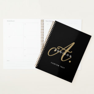 Agenda Monograma elegante de guiones negro y oro