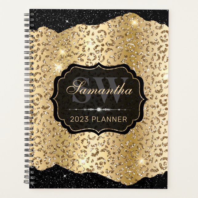 Agenda Monograma elegante de Leopardo de oro y Purpurina  (Anverso)