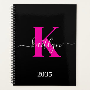 Agenda Monograma Elegante de Negro y Rosa Script