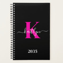 Agenda Monograma Elegante de Negro y Rosa Script