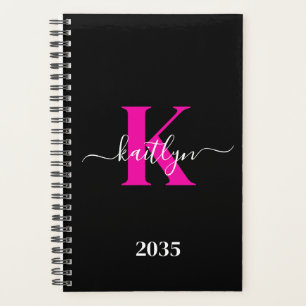 Agenda Monograma Elegante de Negro y Rosa Script