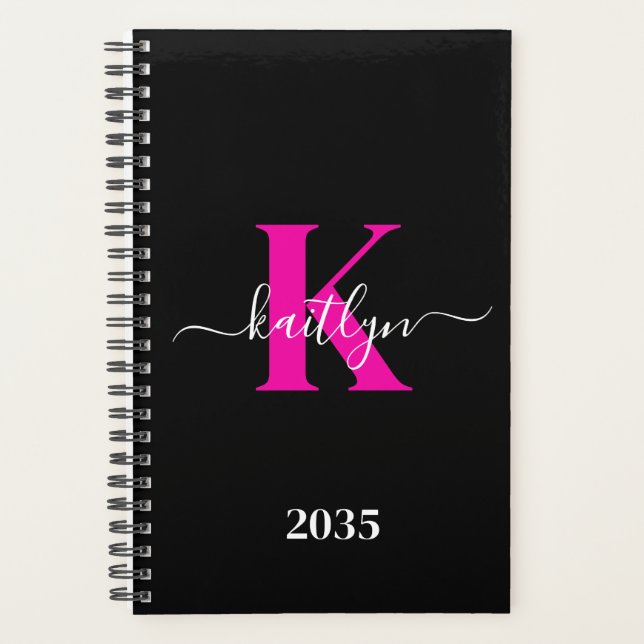 Agenda Monograma Elegante de Negro y Rosa Script (Anverso)