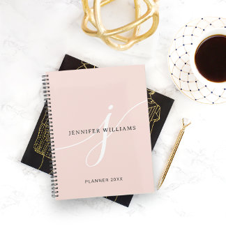 Agenda Monograma elegante de Rubor de escritura blanca ro