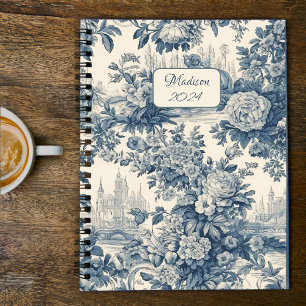Agenda Monograma elegante de tela azul de jouy