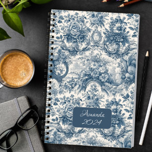 Agenda Monograma elegante de tela vintage de jouy azul
