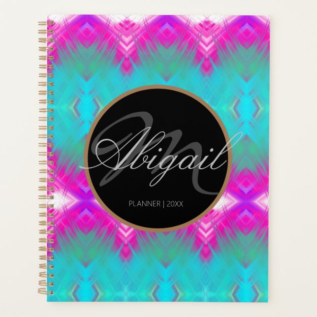 Agenda Monograma elegante de tinta azul turquesa rosa ocr (Anverso)