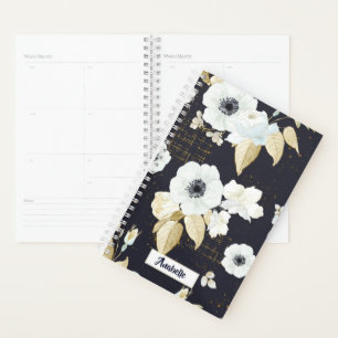 Agenda Monograma elegante del patrón floral azul y blanc