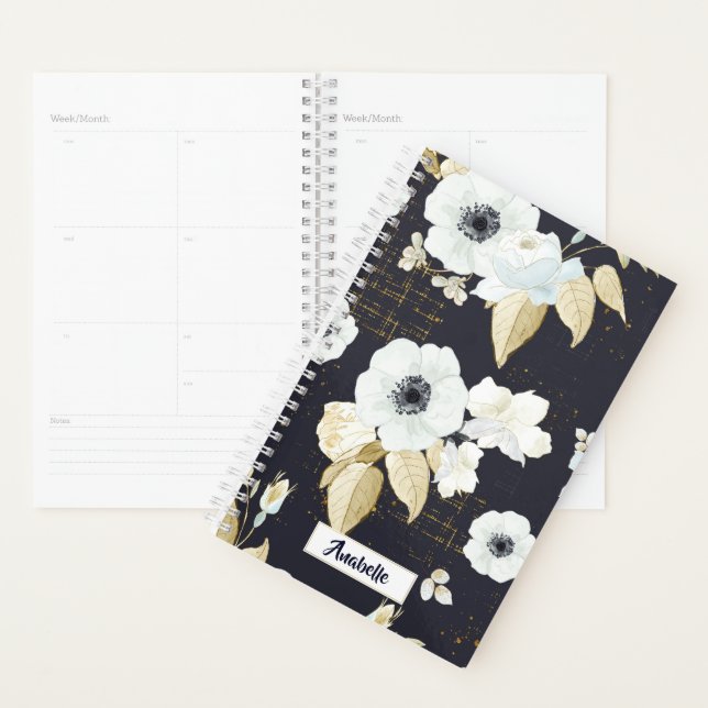 Agenda Monograma elegante del patrón floral azul y blanco (Demostración)