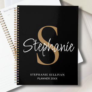 Agenda Monograma Elegante Nombre Script Negro Oro 